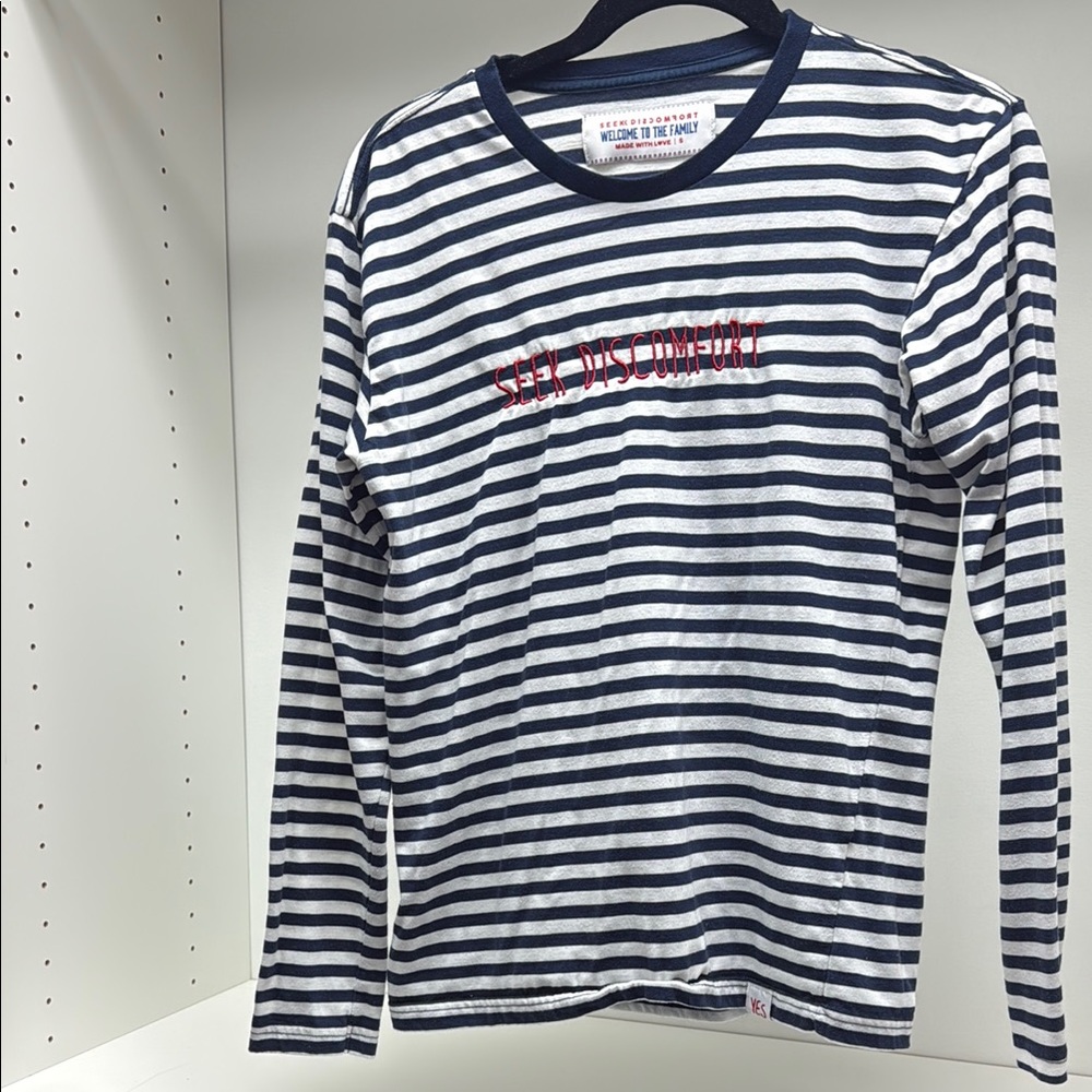 Seek Discomfort Striped Long Sleeve Shirt small (Yes Theory)